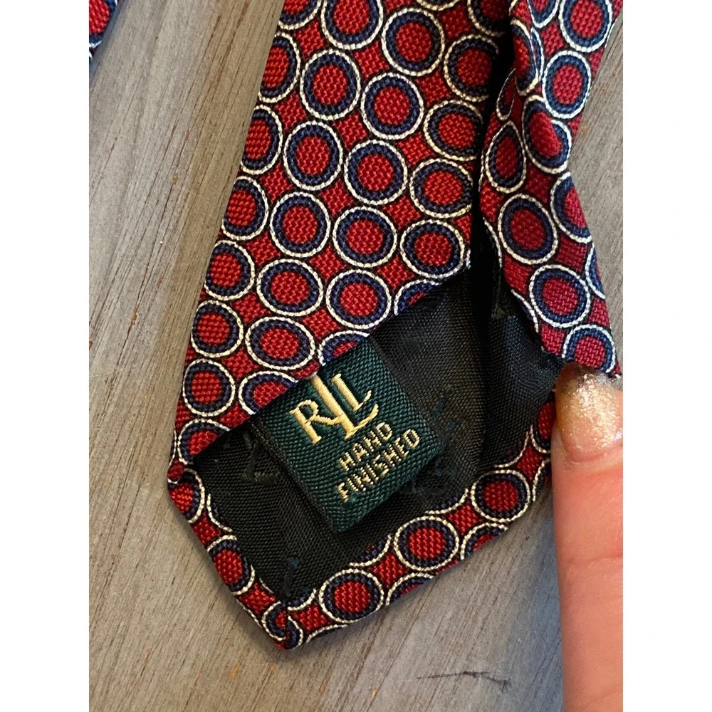 Lauren Ralph Lauren Mens Red Navy Blue Geometric Circle Silk Necktie Made in USA